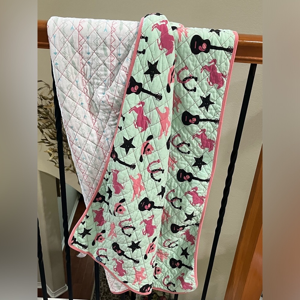 KICKEE PANTS Pink and Black Western Cowgirl Print Quilted BABY BLANKET, 52”x 32” - Picture 7 of 11